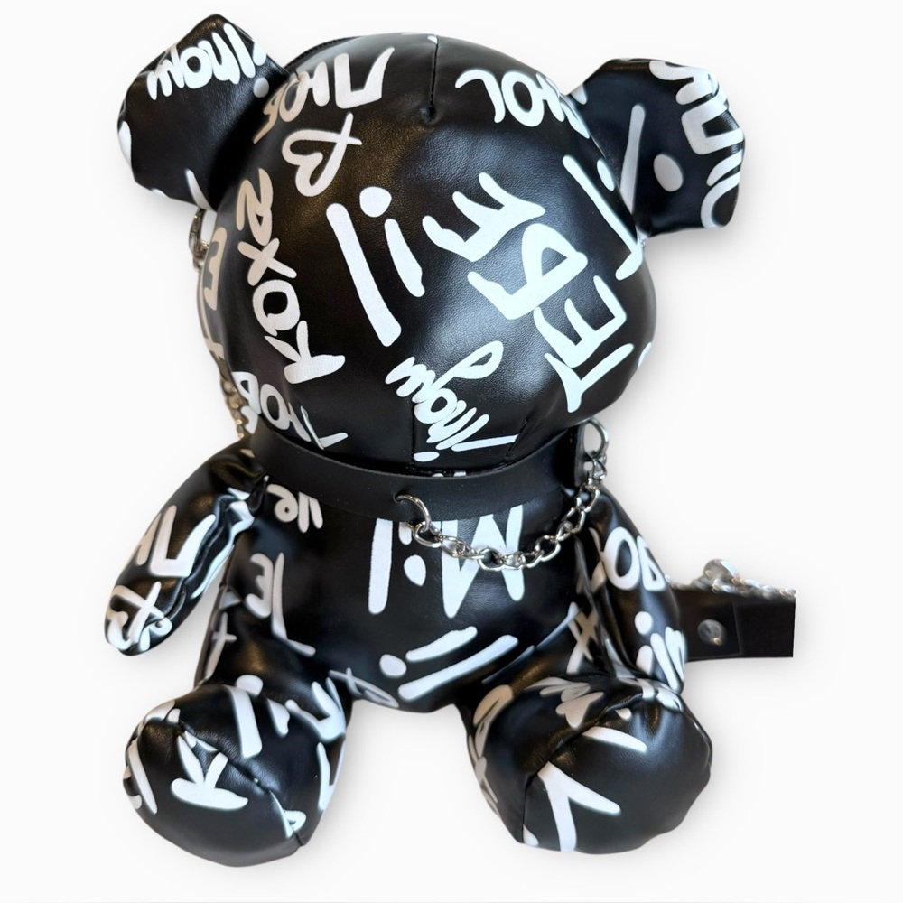 NWOT Graffiti Teddy Bear Bag Black and White Silver Chain Strap